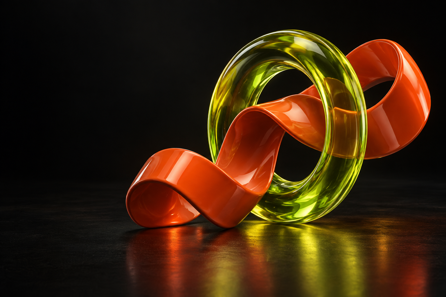 A sculptural orange ribbon woven through a luminous lime glass ring